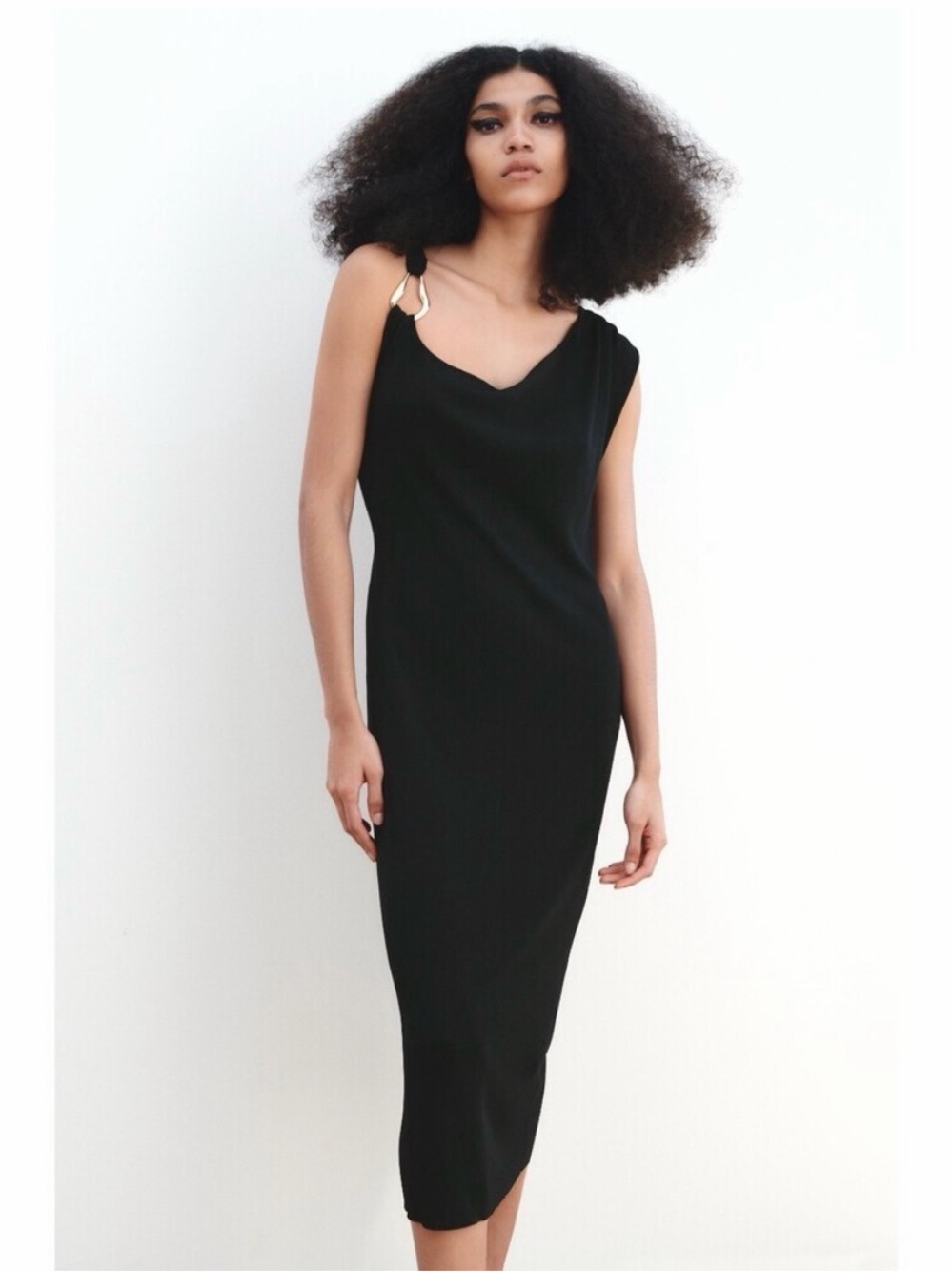 Zara Black One-Shoulder Midi Dress with Gold Accent